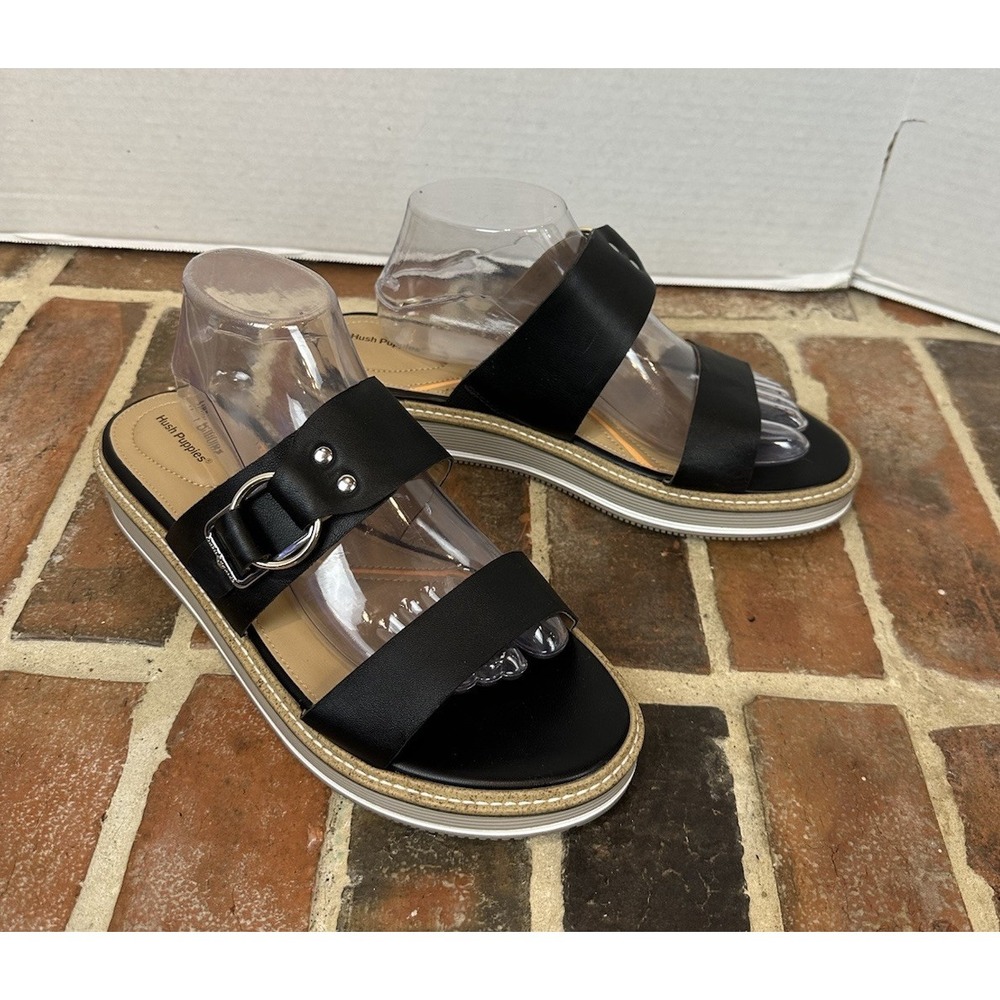 Hush Puppies Black Leather Sandals Slip On Platform Straps Open Toe‎ Women's 10
